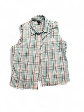 Basic Editions Mint Plaid Sleeveless Button-Front Shirt with Coral Stripes